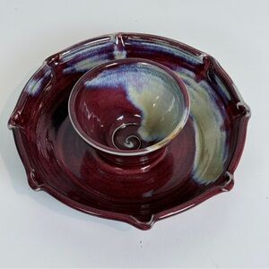 Studio Pottery Chip & Dip Serveware Set Burgundy Handmade Signed E. Black